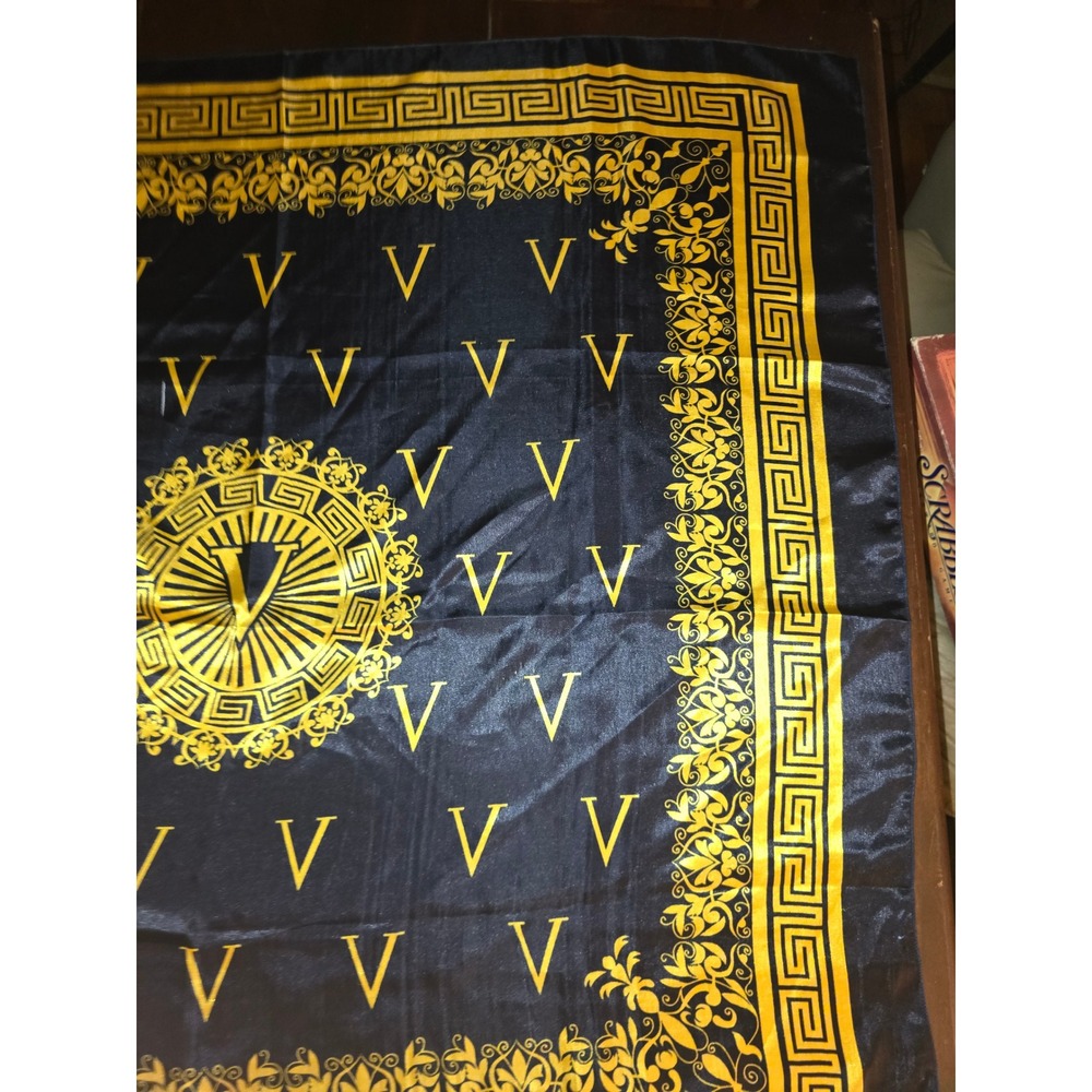 Black Gold Baroque V Monogram Square Scarf Greek Key Border 36x35 - Picture 3 of 5